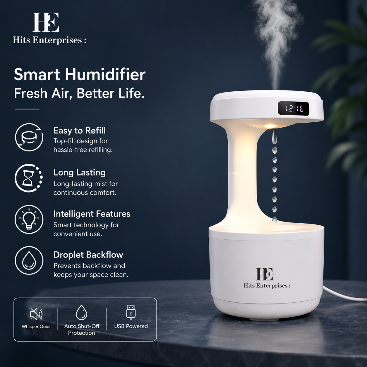 600ml Anti-Gravity Cool Mist Humidifier With Clock & Aroma Diffuser For Office And Bedroom